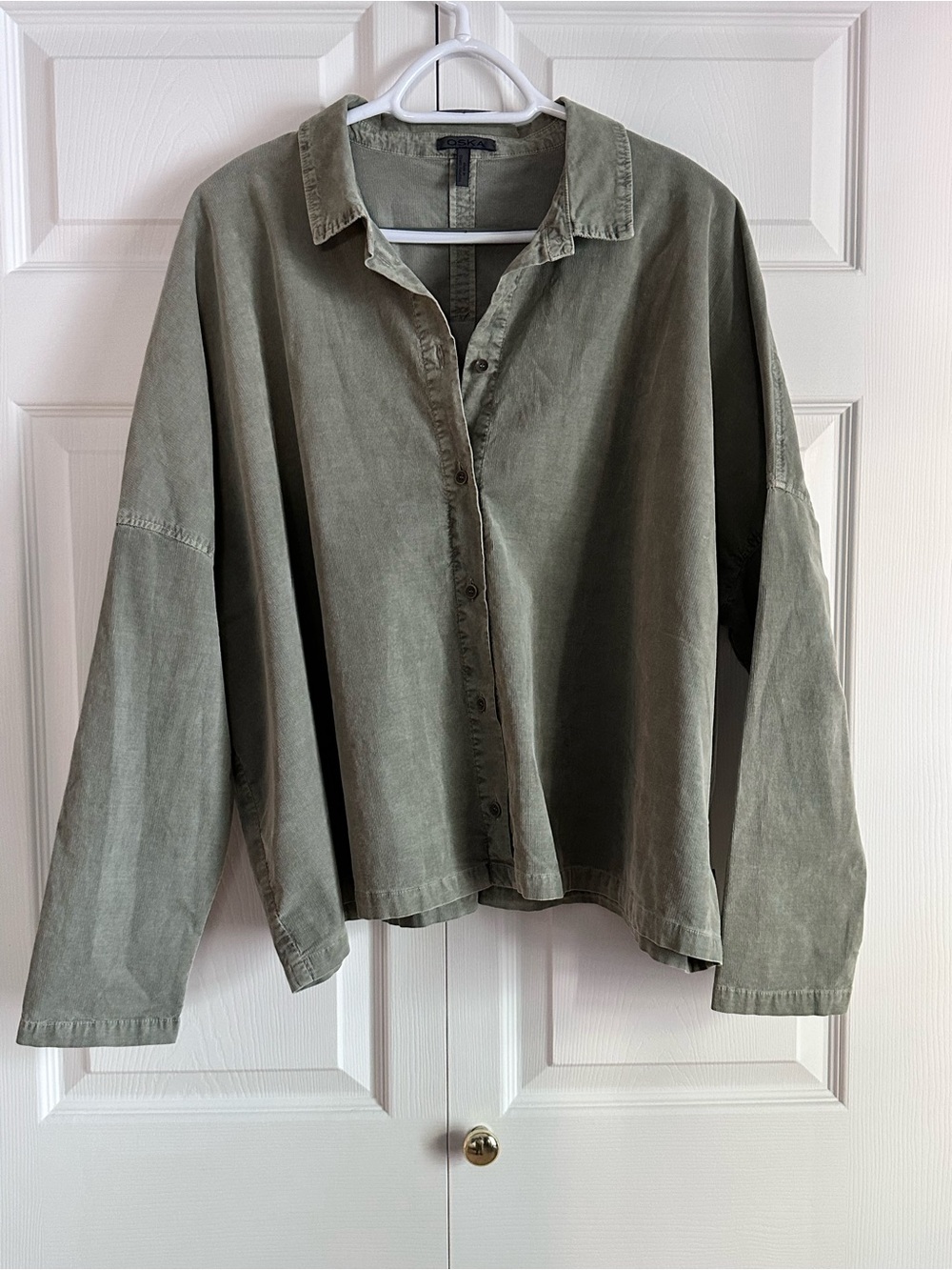 OSKA Designer Olive Green Stretch Corduroy Oversized Button-Up Shirt